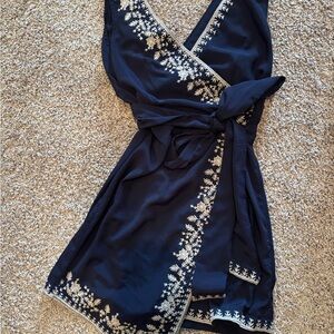 Selfie Leslie Navy Asymmetrical Dress with White Embroidery